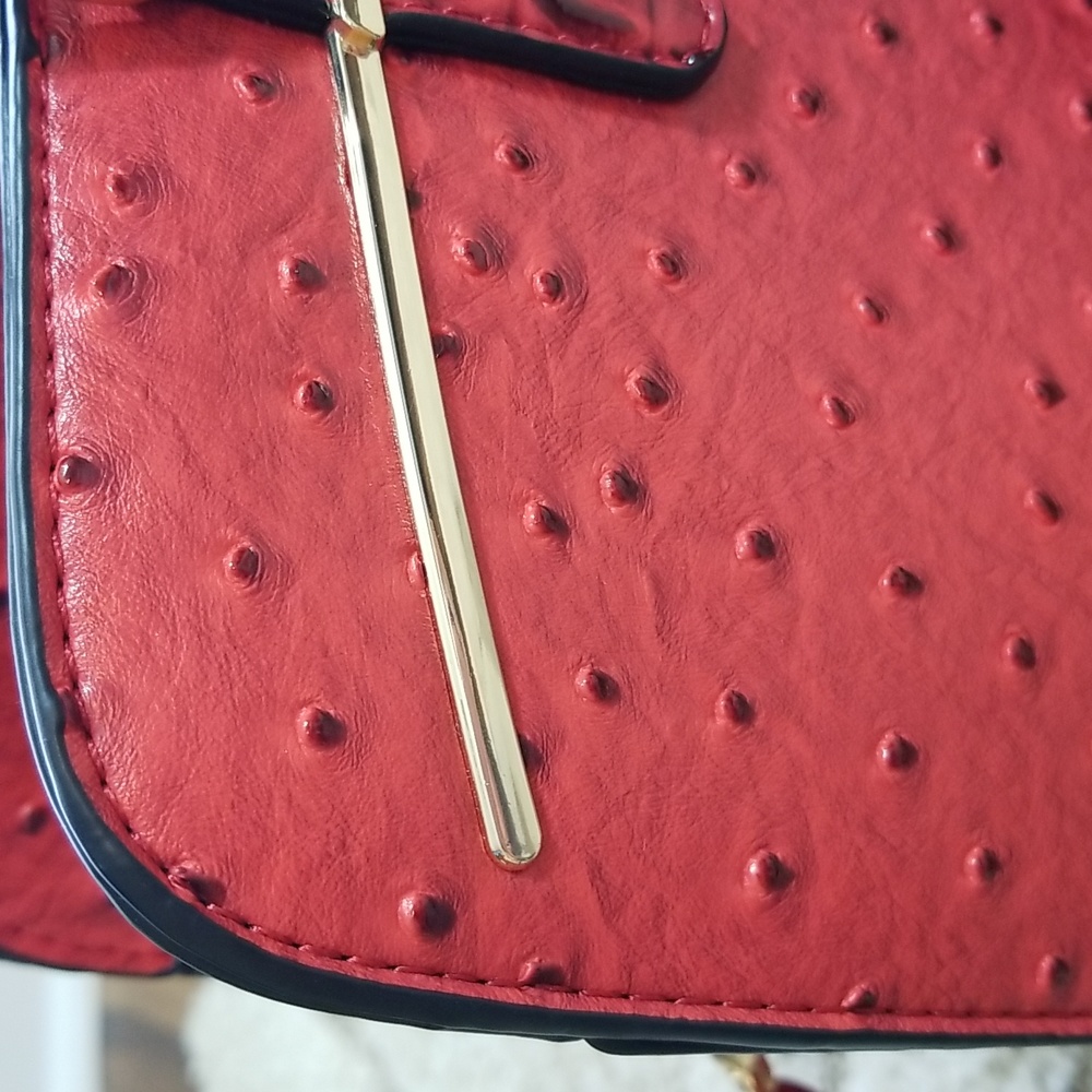 ⛔️SOLD⛔️NWOT Red tote bag in faux ostrich with matching clutch & dust bag - Picture 6 of 16